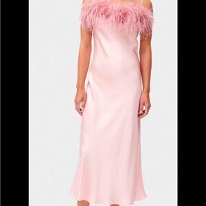 Sleeper Pink Feather-Trimmed Midi Dress